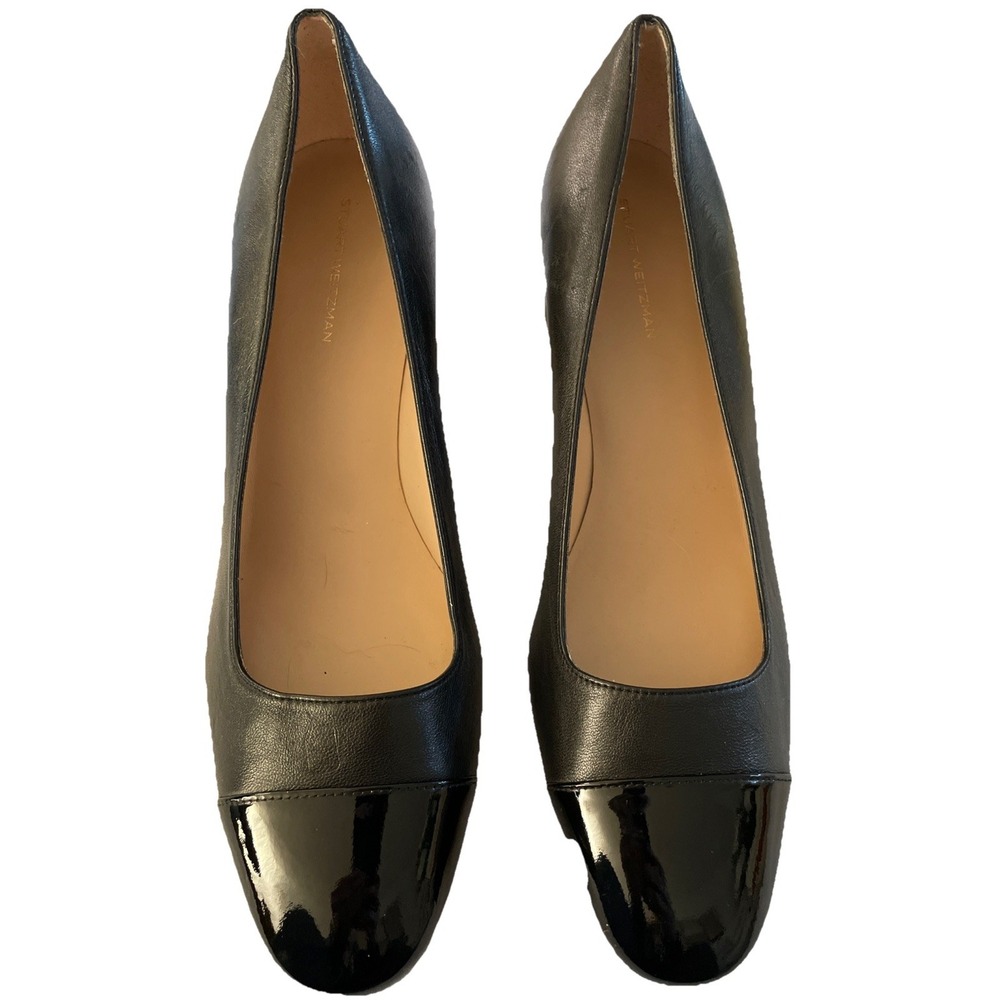 Stuart Weitzman Milla Smooth/Patent Leather Cap Toe Pump in Black Size 10 - Picture 5 of 7